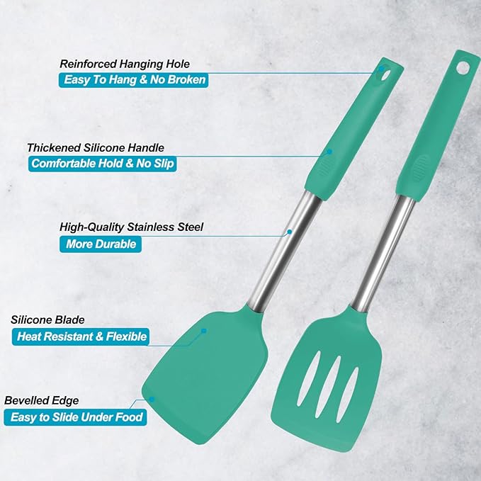 2 Pack Spatulas, Solid & Slotted Silicone Spatula Set, Stainless Steel Handle Coated with Silicone, Non Stick Turners, Heat Resistant Rubber Spatulas for Fish, Eggs, Pancakes, WOK, Teal - Image 3