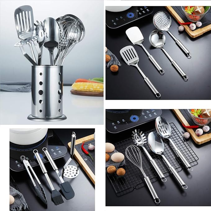 Berglander Cooking Utensil Set 13 Piece Stainless Steel Kitchen Tool Set with Holder, Include Cooking Spoon, Spatula, Whisk, Cooking Tong and etc. (13 Pieces) - Image 7