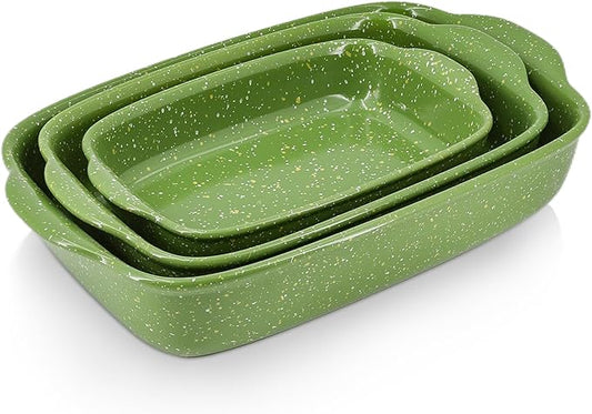 Ceramic Baking Dishes for Oven,Heavy Duty Bakeware Dish Set of 3, Rectangular Casserole,Lasagna Pan Deep,High Heat Resistant,Glazed Handcraft Speckle Series (13.8''/12''/9.6''Green) by Krokori