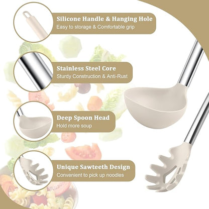 TeamFar Silicone Soup Ladle and Pasta Fork Set, 2 Pcs Large Nonstick Kitchen Cooking Utensils with Stainless Steel Handle for Draining, Serving Soup, Sauce, Spaghetti, Non-Toxic & Heat-Proof, Khaki - Image 3