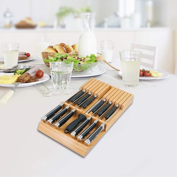 Utoplike in-Drawer Knife Block Bamboo Kitchen Knife Drawer Organizer, Handle Steak Knife Holder Without Knife, Fit for 12 Knives and 1 Sharpening Steel (Knives Not Included) - Image 7
