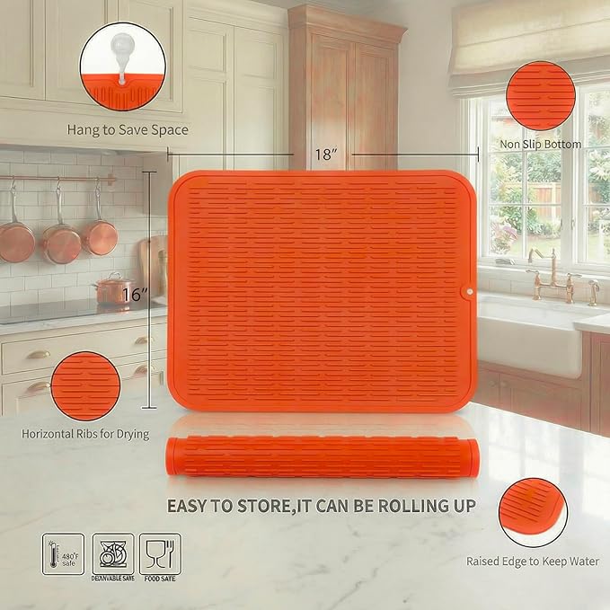 MicoYang Silicone Dish Drying Mat for Multiple Usage,Easy clean,Eco-friendly,Heat-resistant Silicone Mat for Kitchen Counter or Sink,Refrigerator or Drawer Liner Orange XL 18 inches x 16 inches - Image 2