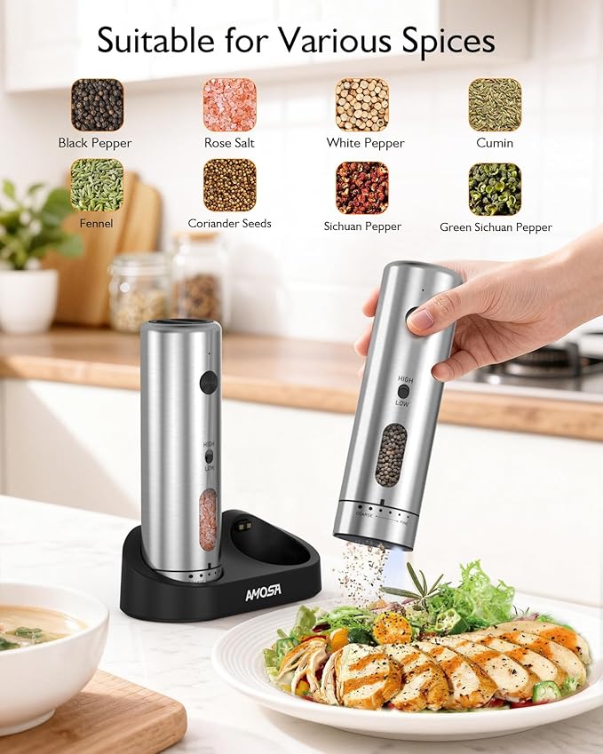 Electric Salt and Pepper Grinder Set, Upgraded 2-Speed Setting, External 6 Adjustable Coarseness, USB C Dual Rechargeable Base, All Stainless Steel Automatic Salt & Pepper Mill Shakers with LED Light - Image 8