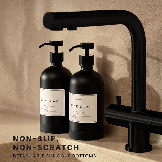 Hand and Dish Soap Dispenser for Kitchen and Bathroom, Set of 2 16 Oz Glass Bottles, Stainless Steel Pumps, Non-Slip Silicone Base, 27 Waterproof Labels (Matte Black Bottle/Black Pump) - Image 2