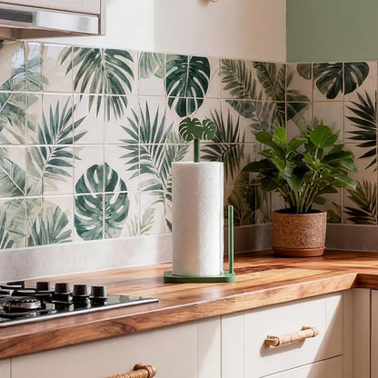 Leinuosen Monstera Leaves Paper Towel Holder Tropical Monstera Wooden Paper Towel Holder Green Ocean Tropical Bathroom Accessories Kitchen Roll Stand Organizer Standing Apartment Housewarming Gift