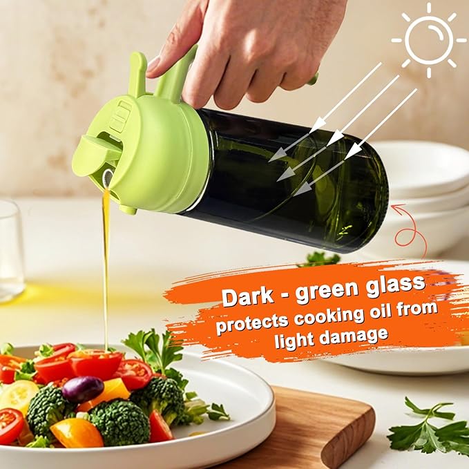 mqnxoi Oil Sprayer for Cooking, 2 in 1 Olive Oil Dispenser Bottle for Kitchen, 16oz/470ml Premium Glass, Food-grade Oil Mister for Air Fryer, Salad, Frying, BBQ (Green + Dark Green Bottle) - Image 3