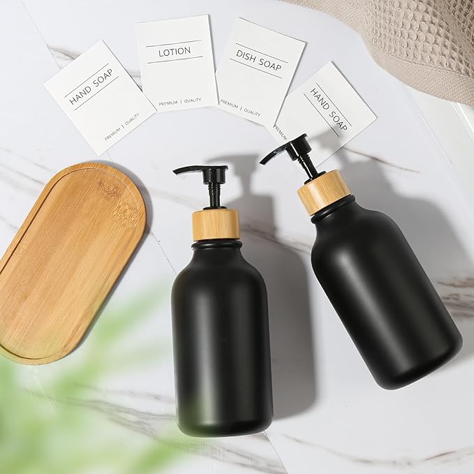 KASUNTING Hand and Dish Soap Dispenser Set, Plastic Kitchen Soap Dispenser Set with Bamboo Tray, 17 Fl Oz Black Soap and Lotion Dispensers Sets with 4 Pack Labels for Kitchen & Bathroom Countertop - Image 5
