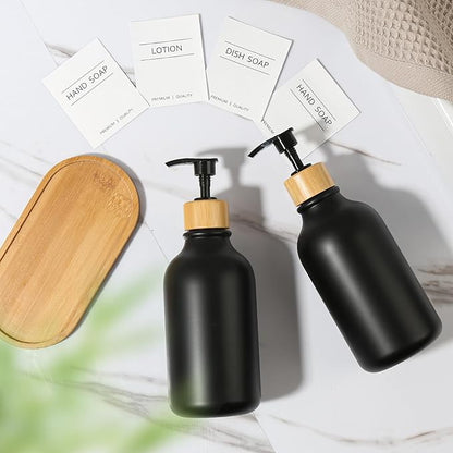 KASUNTING Hand and Dish Soap Dispenser Set, Plastic Kitchen Soap Dispenser Set with Bamboo Tray, 17 Fl Oz Black Soap and Lotion Dispensers Sets with 4 Pack Labels for Kitchen & Bathroom Countertop - Image 5