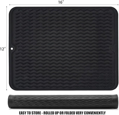 Silicone Dish Drying Mat, Non-Slip Easy Clean Sink Mat Large Heat-resistant Dish Drainer Mat for Kitchen Counter, Sink, Refrigerator or Drawer liner (16" x 12", BLACK) - Image 2
