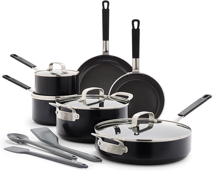 GreenPan x Bobby Flay 13 Piece Nonstick Cookware Pots and Pans Set, PFAS-Free Diamond Ceramic, Induction Suitable, Easy Clean Dishwasher & Oven Safe, Stay-Cool Silicone Handles, Glass Lids, Black by GreenPan