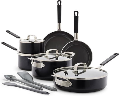 GreenPan x Bobby Flay 13 Piece Nonstick Cookware Pots and Pans Set, PFAS-Free Diamond Ceramic, Induction Suitable, Easy Clean Dishwasher & Oven Safe, Stay-Cool Silicone Handles, Glass Lids, Black by GreenPan