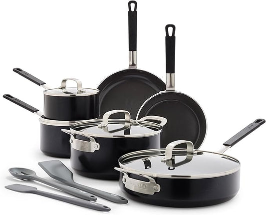 GreenPan x Bobby Flay 13 Piece Nonstick Cookware Pots and Pans Set, PFAS-Free Diamond Ceramic, Induction Suitable, Easy Clean Dishwasher & Oven Safe, Stay-Cool Silicone Handles, Glass Lids, Black by GreenPan