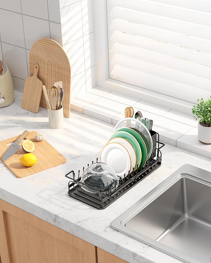 Kitsure Dish Drying Rack - Expandable Dish Rack for Kitchen Counter, Over Sink Or in Sink, Space-Saving Plates Dryer with Cutlery Holder & Drip Tray, 14.0"-20.9" L x 6.3" W x 8.0" H, Black - Image 8