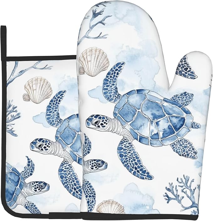 Navy Blue Ocean Sea Turtle Oven Mitts and Pot Holders Sets of 2 Summer Gift for Cooking Enthusiasts Coastal Beach Nautical Coral Kitchen Gloves for Baking BBQ Cooking Grilling Decor by DZGlobal