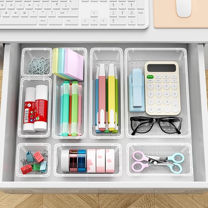 ElegantArray 12 PCS Drawer Organizer Set, 4 Sizes Tool Storage Trays, Clear Plastic Makeup Vanity Organizer and Storage Bins for Makeup, Stationeries, Multiple Gadgets for Bathroom, Office, Bedroom - Image 6