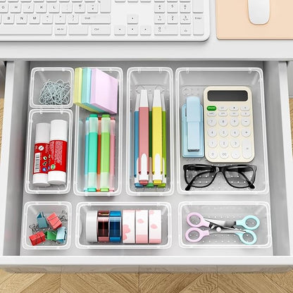 ElegantArray 12 PCS Drawer Organizer Set, 4 Sizes Tool Storage Trays, Clear Plastic Makeup Vanity Organizer and Storage Bins for Makeup, Stationeries, Multiple Gadgets for Bathroom, Office, Bedroom - Image 6