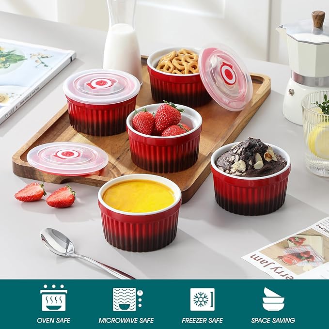 vancasso 8 oz Ramekins with Lid, Porcelain Creme Brulee Souffle Dishes, Red Pudding Custard Cups Ramiken for Baking, Dishwasher and Oven Safe, Set of 6 - Image 4
