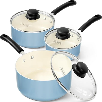 MICHELANGELO Nonstick Sauce Pan with Lid, Ceramic Saucepan Set, Non Toxic Small Saucepans Sets with Stay-Cool Handle, Induction Pots For Cooking, PTFE & PFOA Free - 1Qt & 2Qt & 3Qt, Blue by Michelangelo