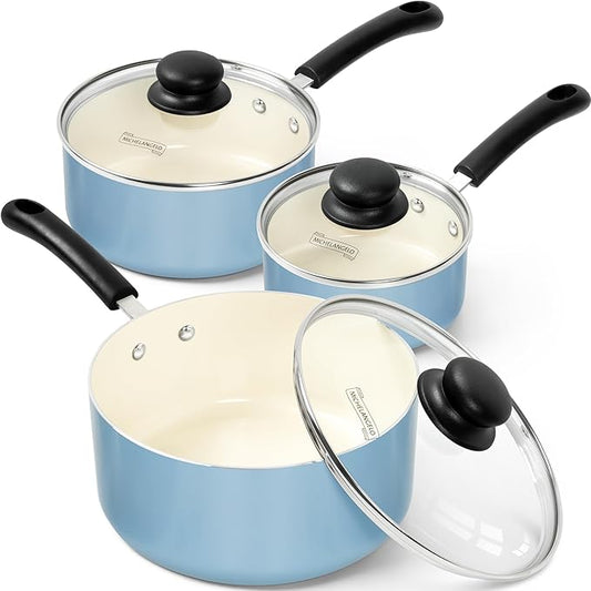 MICHELANGELO Nonstick Sauce Pan with Lid, Ceramic Saucepan Set, Non Toxic Small Saucepans Sets with Stay-Cool Handle, Induction Pots For Cooking, PTFE & PFOA Free - 1Qt & 2Qt & 3Qt, Blue by Michelangelo