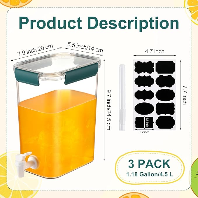 Mumufy 3 Set Plastic Drink Dispensers for Parties Beverage Dispenser for Fridge with Spigot Iced Juice Lemonade Container with Labels and Pens Summer Party Supplies(1.2 Gallon,Green) - Image 2