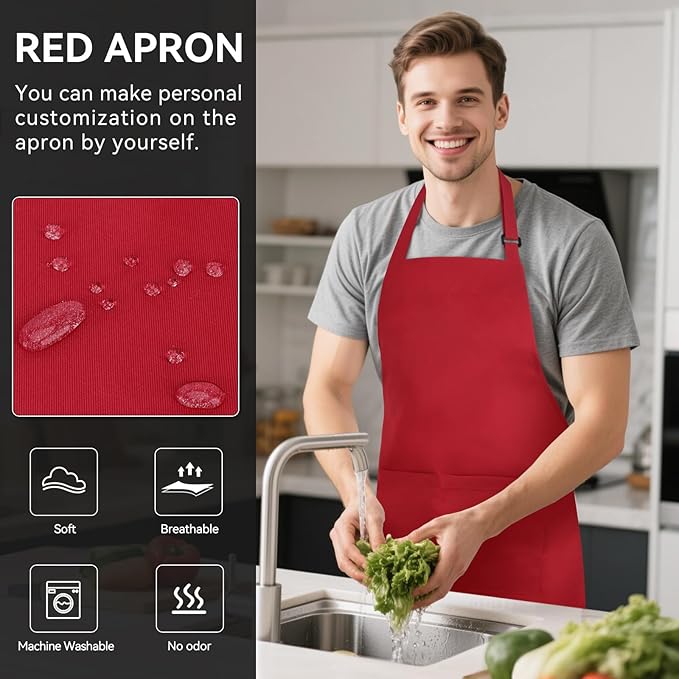 NLUS 2 Pack Kitchen Aprons with 2 Pockets for Women Men, Chef Aprons for Baking BBQ Cooking, Red - Image 2