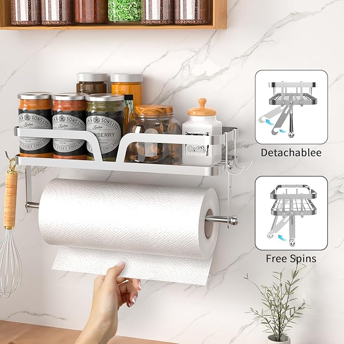 Taozun Paper Towel Holder Wall Mount, Kitchen Paper Holder Spice Rack Paper Towel Roll Holder Bathroom Hand Towel Holder with 4 Hooks (2 Installation Methods - Self-Adhesive and Drilling) Silver