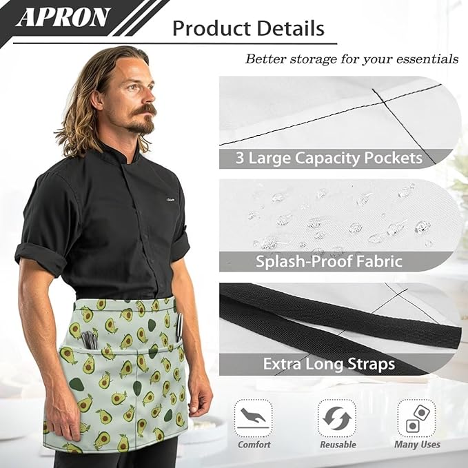Server Apron with 3 Pockets, Waterproof Oil Waitress Waiter Half Apron for Restaurant Hotel Kitchen Cafe