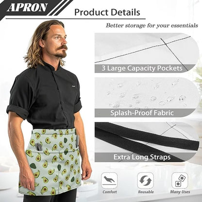 Server Apron with 3 Pockets, Waterproof Oil Waitress Waiter Half Apron for Restaurant Hotel Kitchen Cafe
