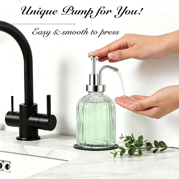 SheeChung Clear Glass Soap Dispenser, 12 Oz Liquid Hand Soap Dispenser with Pump, Refillable Lotion Dish Soap Dispenser for Kitchen, Stripes Shampoo Bottle, Bathroom Countertop (Silver Pump, 2 Pack)
