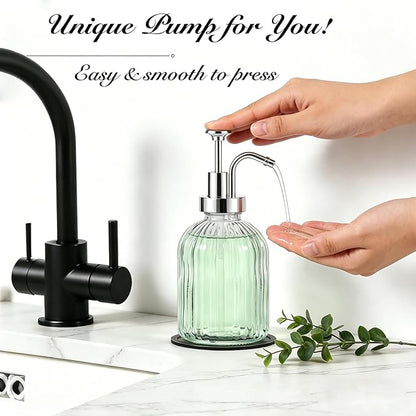 SheeChung Clear Glass Soap Dispenser, 12 Oz Liquid Hand Soap Dispenser with Pump, Refillable Lotion Dish Soap Dispenser for Kitchen, Stripes Shampoo Bottle, Bathroom Countertop (Silver Pump, 2 Pack)