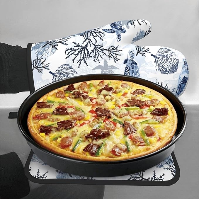 Navy Blue Ocean Sea Turtle Oven Mitts and Pot Holders Sets of 3, Heat Resistant Non-Slip Gift for Cooking Enthusiasts, Coastal Beach Nautical Coral Kitchen Gloves for Baking BBQ Cooking Grilling Decor - Image 4