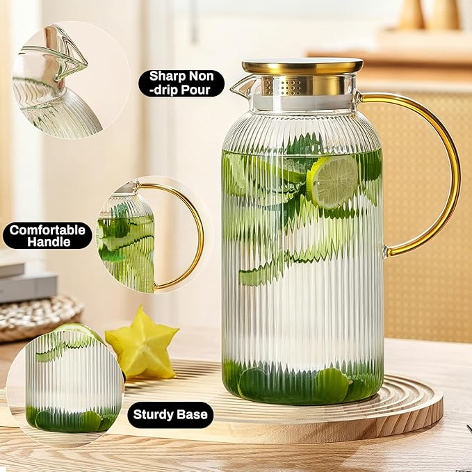 Buaic 2 PACK Glass Pitcher with Lid, 84oz/2.5L Liter Classic Vertical Stripes Water Pitcher,Glass Water Carafe for Cold Brew, Coffee, Lemonade, Iced Tea,Sun Tea, Beverage, Heat Resistant
