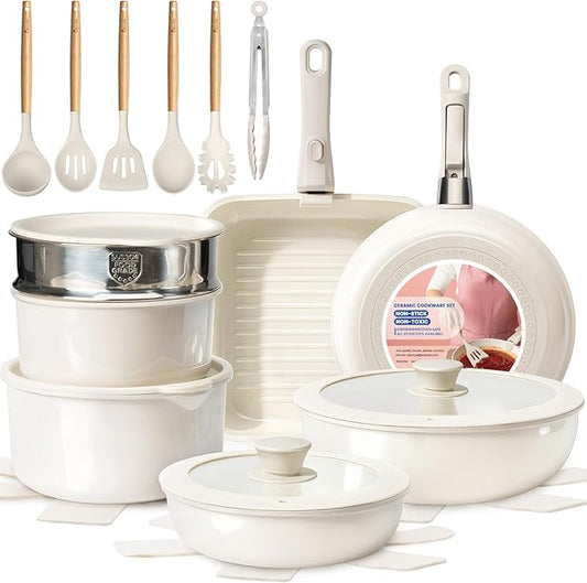 KIKCOIN Nonstick Pots and Pans Set - Ceramic Cookware Set with Detachable Handle - 25 Pack Healthy Pans Set for Cooking - Stackable for RV Kitchen, Induction Ready - Dishwasher and Oven Safe by Kikcoin