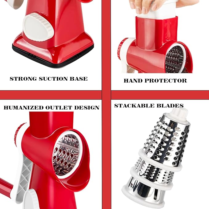 Cheese Grater with Handle, Multifunctional Manual Rotary Cheese Grater - Cheese Shredder Easily Chop Carrots, Potatoes, Vegetables and Fruits and Easy to Clean(red) - Image 5