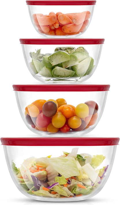 JoyJolt Kitchen Mixing Bowls - 8pc Glass with Lids Set – Neat Nesting Large Bowl Batter Cooking Storage and Big Salad BPA-Free Red by JoyJolt