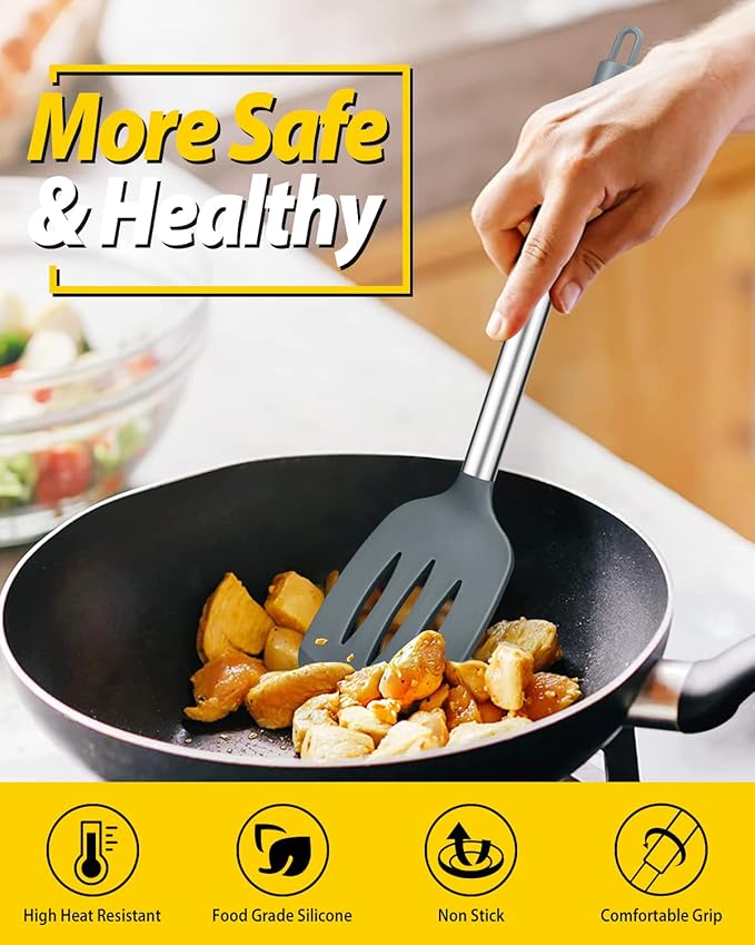Pack of 4 Silicone Cooking Utensils Set, Non Stick Large Solid Spatulas, Heat Resistant Gray Slotted Spoons, Ideal BPA Free Kitchen Turners for Frying, Mixing,Serving,Draining,Turning,Stirring - Image 4
