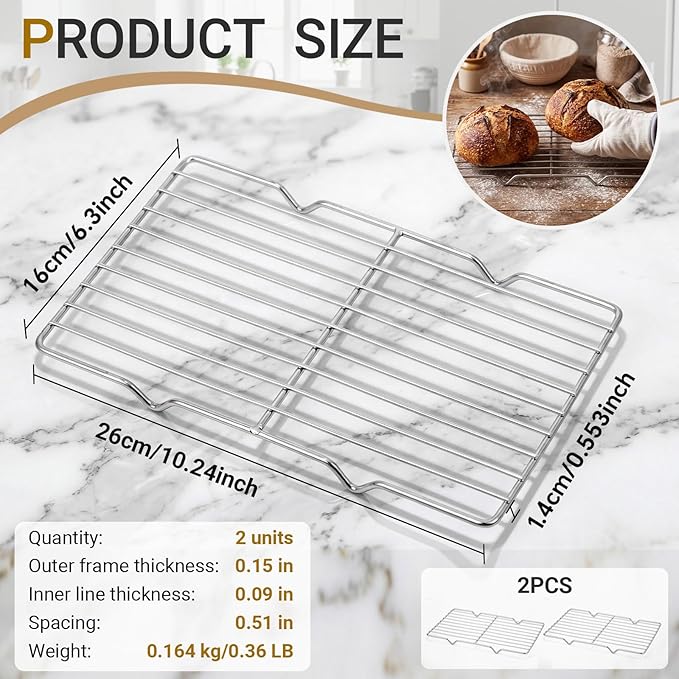 Lounsweer 2 Pack Cooling Racks, 5L x 10.5W x 1H Stainless Steel Wire Rack for Baking Sheet, Large Cookie Cooling Rack, Oven Safe Cooking Racks for Sheet Pan, Dishwasher Safe, Fits Third Size Pans
