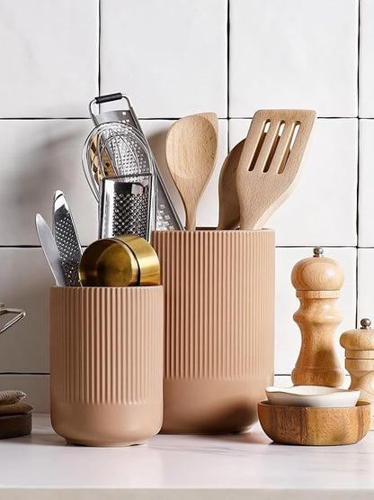LE TAUCI Utensil Holder for Kitchen Counter, 7.3"+5.4" Fluted Ceramic Utensil Crock Organizer for Countertop, Heavy Large Holder for Spatulas, Spoons, Set of 2, Dusty Coral - Image 3