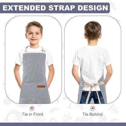 2 Pack Stripes Kids Apron, Kids Cooking Aprons with 2 Pockets, Cute Aprons for Cooking for Boys and Girls