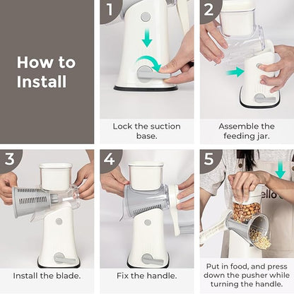 X Home 5-in-1 Rotary Cheese Grater for Kitchen, Upgraded Hand Crank Shredder with Stronger Suction Base & Multifunctional Drum Blades, for Cheese, Vegetables and Nuts, Easy to Use and Clean, White - Image 6