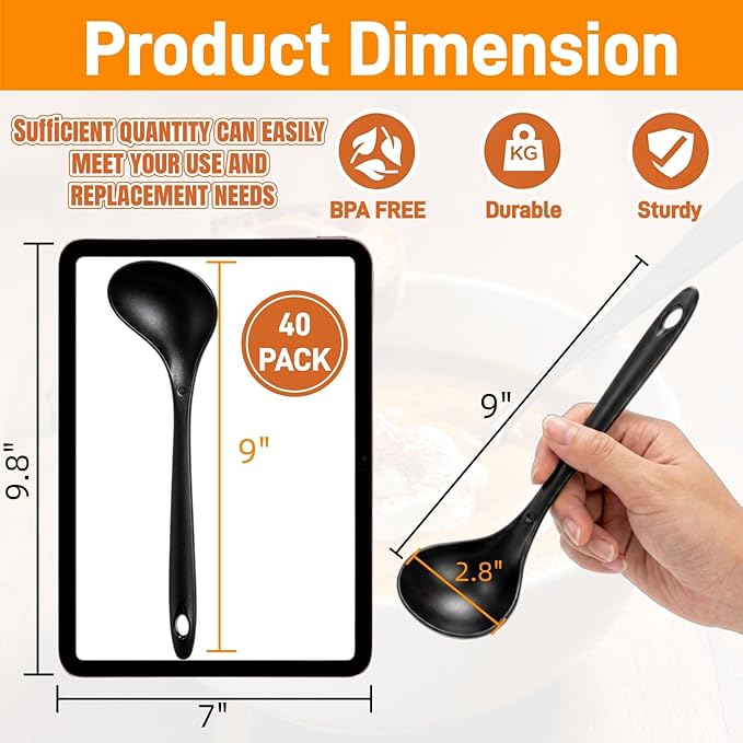 40 Pack Plastic Ladle Spoons, 1.5 Oz Solid Durable Disposable Serving Spoons with Long Handle, Heat Resistant Large Soup Ladle Bulk for Party Catering Buffet Restaurant, 9 x 2.8 Inch - Image 2