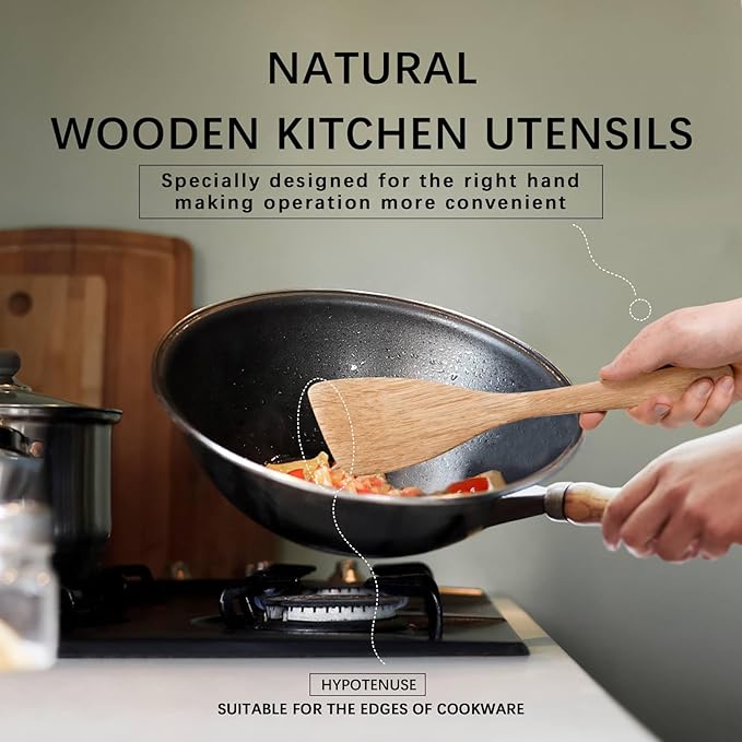 2PCS Wooden Spatulas for Cooking, 12.8inch Coated Schima Wood Turners for Frying, Non-Scratch Wood Bevel Spurtle for Pan & Wok,Wooden Cooking Utensils for Non Stick Cookware,Long Handle Scraper - Image 4