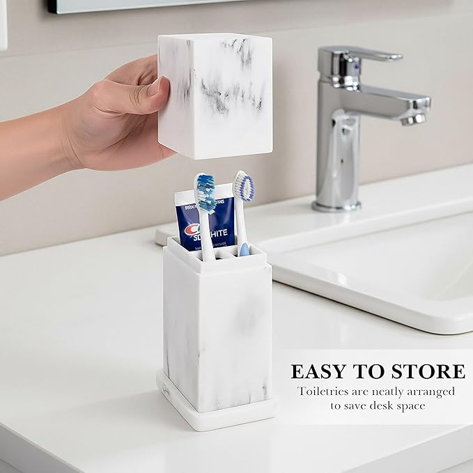 Linkidea Countertop Manual Toothbrush Holder with Lid, Resin 3 Slots Brush and Toothpaste Stand, Organizer Compatible with Oral-B CrossAction, Colgate Extra Clean (White)