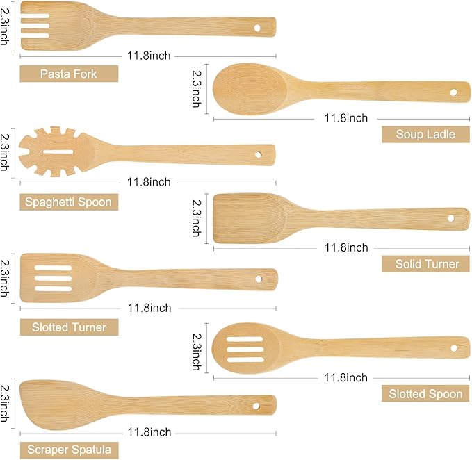 [7-PCS] Wooden Spoons for Cooking is for All Kitchen. Made From Bamboo Wood, Wooden Spatula & Wooden Spoon 11.8 in. and Non-Stick Surface, Suitable for Home & Chef Use or Gift for Someone Special. - Image 2