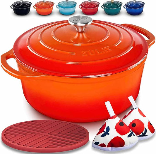 Zulay Kitchen 7.7 Quart Enameled Cast Iron Dutch Oven Pot with Lid – Premium Durability & Oven Safe up to 500°F – Heavy Duty Cookware Perfect for Bread Baking, Stews, Braising & Roasting – Orange by ZulayKitchen
