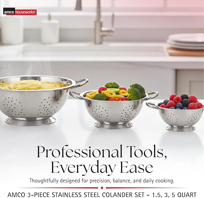 Amco 3-Piece Stainless Steel Colander Set - Multiple Sizes - 1.5, 3, 5 Quart - Durable, Professional Grade Design with Handles for Easy Transfer - Ideal Kitchen Strainer for Cooking & Washing