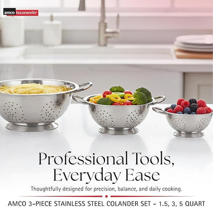 Amco 3-Piece Stainless Steel Colander Set - Multiple Sizes - 1.5, 3, 5 Quart - Durable, Professional Grade Design with Handles for Easy Transfer - Ideal Kitchen Strainer for Cooking & Washing