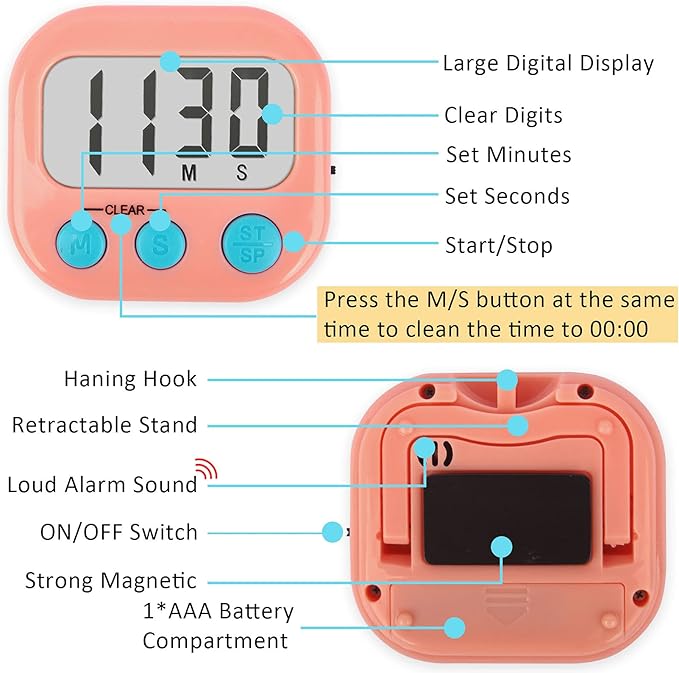12 Pack Digital Kitchen Timers for Cooking Magnetic Timer for Cooking Loud Alarm Pink - Image 2