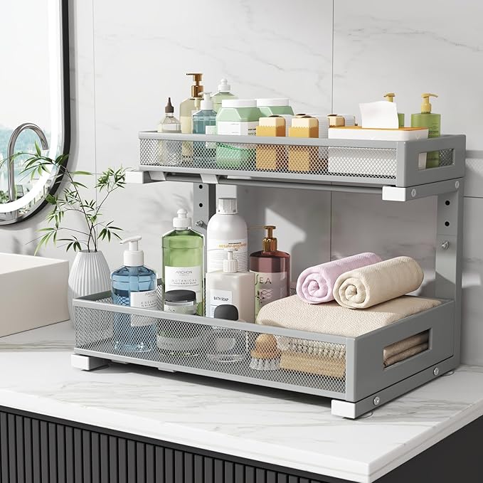 2 Pack 17IN Depth Under Sink Storage Organizer, Large 2-Tier Elegant Mesh Pull Out Shelf for Kitchen and Bathroom Cabinet Organization, L-Shaped and Adjustable Height Design-Gun Gray - Image 7