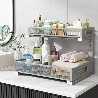 1 Pack 17IN Depth Under Sink Storage Organizer, Large 2-Tier Elegant Mesh Pull Out Shelf for Kitchen and Bathroom Cabinet Organization, L-Shaped and Adjustable Height Design-Gun Gray - Image 7